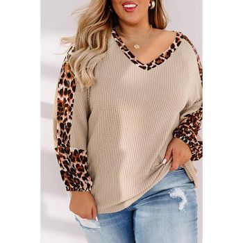 Azura Exchange Leopard Splicing Waffle Knit Top - 1X