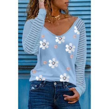 Azura Exchange Daisy Print Mesh Patchwork Long Sleeve Top - M