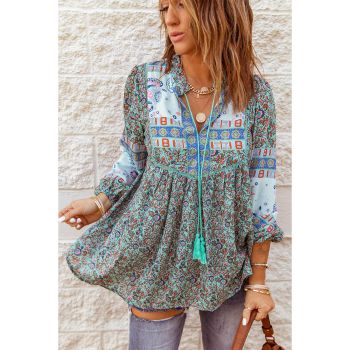 Azura Exchange Bubble Sleeve Floral Patchwork Blouse - M