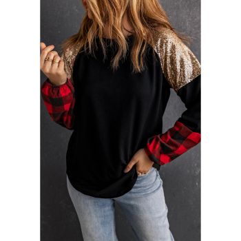 Azura Exchange Lantern Sleeve Plaid Sequin Pullover Sweatshirt - L