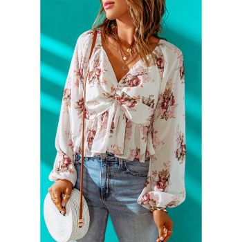 Azura Exchange V Neck Balloon Sleeve Twist Front Floral Blouse - 2XL