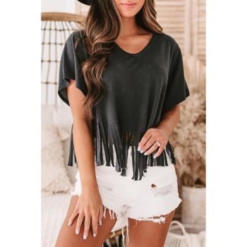 Azura Exchange Fringe Hem V Neck T Shirt - L