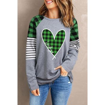 Azura Exchange Plaid Heart Color Block Long Sleeve Top - 2XL