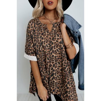 Azura Exchange Loose Leopard Top with V Notch Rolled Cuffs - L