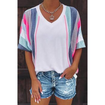 Azura Exchange Patchwork V Neck T-Shirt with Stripe Detail - L