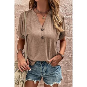 Azura Exchange Button V Neck Rolled Short Sleeve T Shirt - L