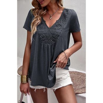 Azura Exchange Lace Crochet Patchwork V Neck T Shirt - L