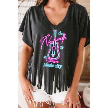 Azura Exchange Guitar Slogan Print Fringed V Neck Graphic Tee - L