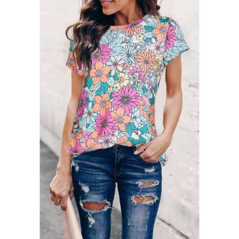 Azura Exchange Floral Print Asymmetric Hem Short Sleeve Top - M