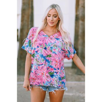 Azura Exchange Loose Fit Floral Print V Neck T Shirt - L