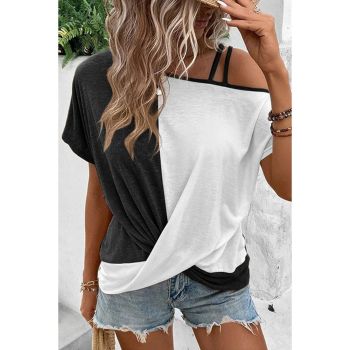 Azura Exchange Colorblock Asymmetric Strappy Cold Shoulder Top - L