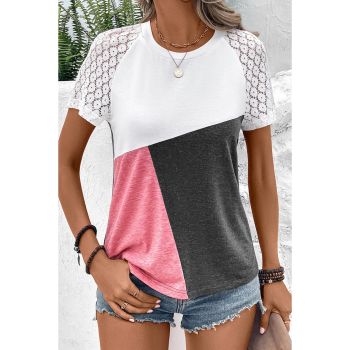 Azura Exchange Color Block Short Sleeve T Shirt with Lace Patchwork - M