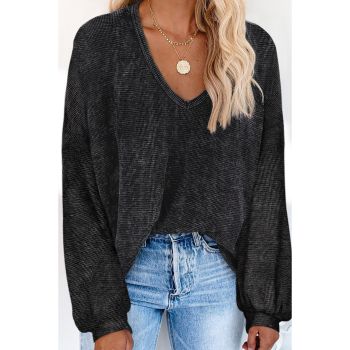 Azura Exchange Black Waffle Knit V Neck Long Sleeve Tunic Top - M