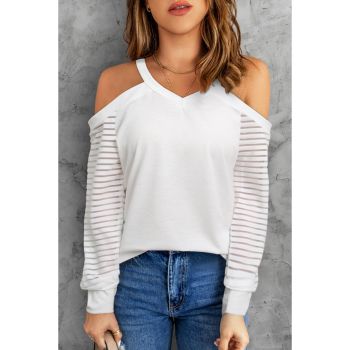 Azura Exchange Cut-out Cold Shoulder Mesh Striped Long Sleeve T-shirt - 2XL