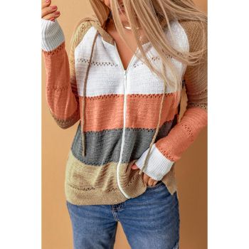 Azura Exchange Zipped Front Colorblock Hollow-out Knit Hoodie - 2XL