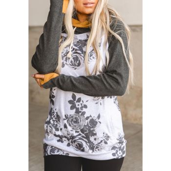 Azura Exchange Raglan Sleeves Double Hood Sweatshirt with Floral Pattern - M