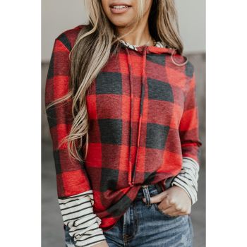 Azura Exchange Plaid Striped Patchwork Drawstring Hoodie - L