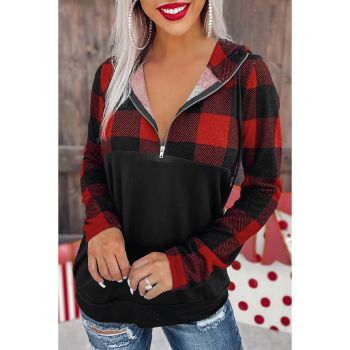 Azura Exchange Buffalo Plaid Zip Pullover Hooded Top - L