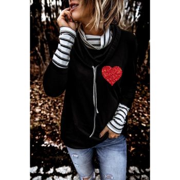 Azura Exchange Glitter Heart Print Striped Cowl Neck Sweatshirt - M