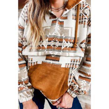 Azura Exchange Beige Aztec Print Half-Zip Hoodie with Kangaroo Pocket - S