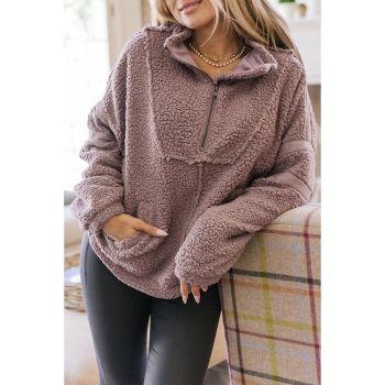 Azura Exchange Dusty Pink Collared Half Zip Fluffy Sweatshirt - L