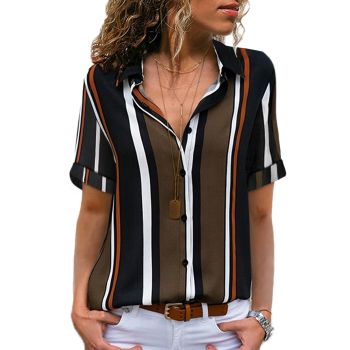 Azura Exchange Striped Short Sleeve Button Shirt - L