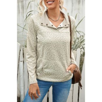 Azura Exchange Lapel Snap Front Pocket Leopard Print Sweatshirt - S