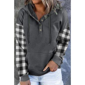 Azura Exchange Plaid Snap Button Pullover Hoodie with Pocket - M