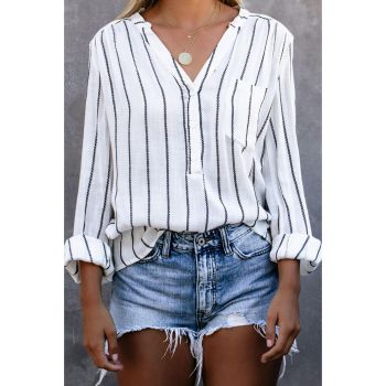 Azura Exchange Striped V Neck Pocket Long Sleeve Top - L