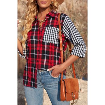 Azura Exchange Plaid Splicing Hit Color Pockets Long Sleeve Shirt - 2XL