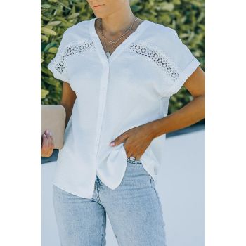 Azura Exchange Lace Splicing Buttoned Short Sleeve Shirt - L