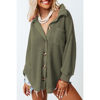 Azura Exchange Textured Green Waffle Knit Button Up Shirt - L