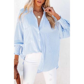 Azura Exchange Striped Boyfriend Shirt with Smocked Cuffs and Pocket - M