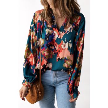 Azura Exchange Graffiti Printed V Neck Puff Sleeve Blouse - L