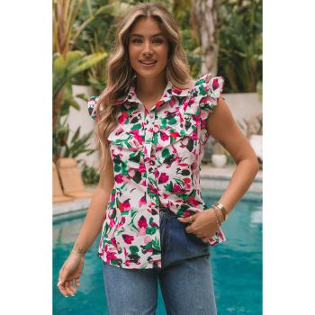 Azura Exchange Ruffled Sleeveless Shirt with Floral Print - L