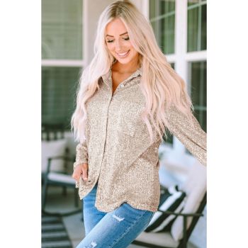 Azura Exchange Sequin Collared Bust Pocket Buttoned Shirt - M