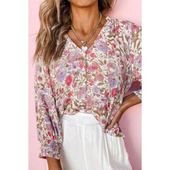 Azura Exchange Buttoned Puff Sleeves Shirt with Floral Print - L