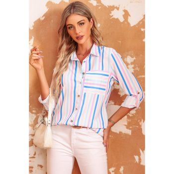 Azura Exchange Striped Roll Tab Sleeve Shirt - L