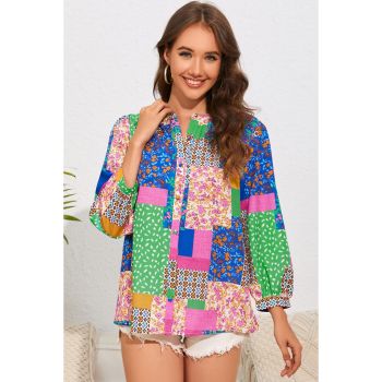 Azura Exchange Floral Patchwork Print Puff Sleeve Shirt - L