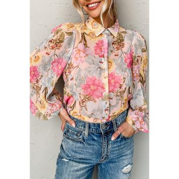 Azura Exchange Floral Collared Shirt with Puff Sleeves - M