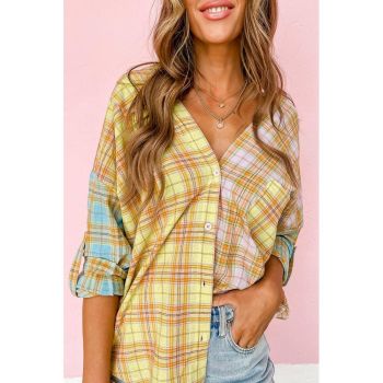 Azura Exchange Mixed Plaid Long Sleeve V Neck Buttoned Shirt - L