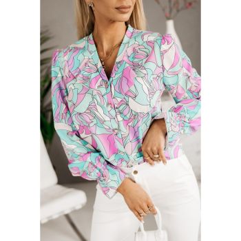 Azura Exchange Floral Print V-Neck Shirt with Ruffle Lapel - L