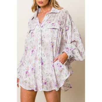 Azura Exchange Floral Print Pleated Flap Pocket Shirt - L