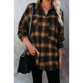 Azura Exchange Brown Plaid Pattern Flap Pockets Casual Shirt - M