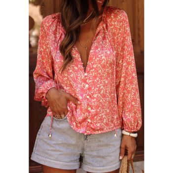 Azura Exchange Floral Bubble Sleeve Shirt with Lace-Up Detail - L