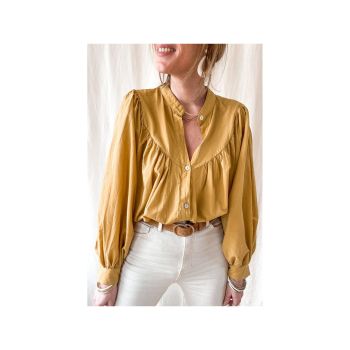 Azura Exchange Pleated Yellow Puff Sleeve Loose Shirt - L