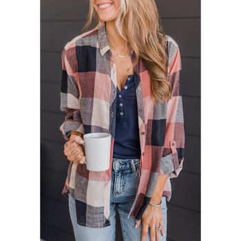 Azura Exchange Roll-up Sleeve Plaid Pattern Shirt - L