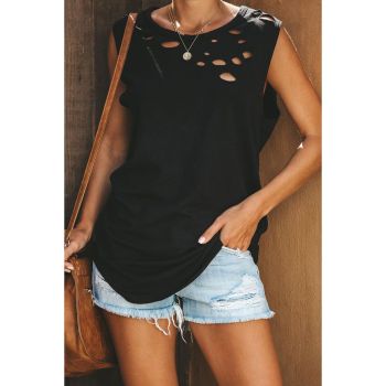 Azura Exchange Sleeveless Crew Neck Black Tank Top with Broken Hole Detail - L