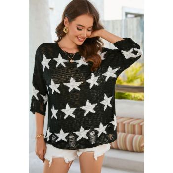 Azura Exchange Half Sleeve Distressed Knit Top with Star Print - L