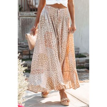 Azura Exchange Flower Print Maxi Skirt with Smocked Waist and Button Slit - L